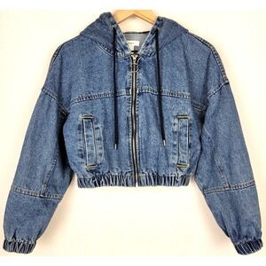 Y2K Forever 21 Cropped Denim Hoodie Jacket S Boxy Streetwear Soft Grunge Utility
